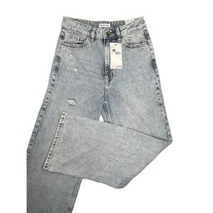 Womens Acid Wash Bleached Denim Wide Leg Jeans Skater Street Wear Baggy 26 X 31